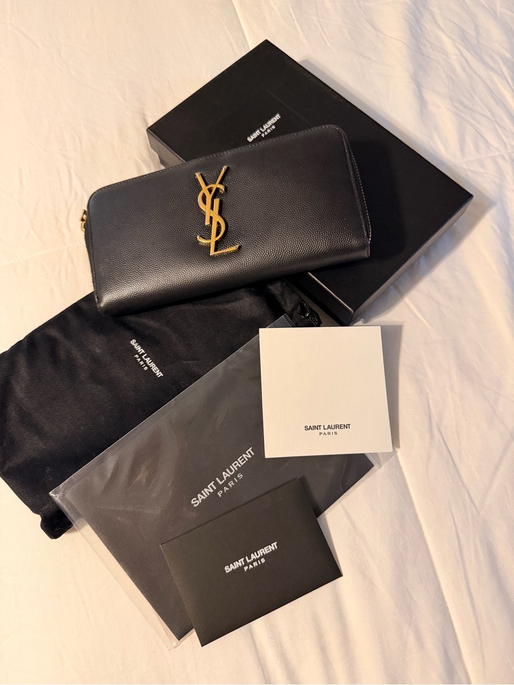 Saint Laurent Black Leather Zip Wallet with Gold YSL Emblem
